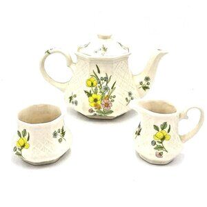 SADLER England Tea Set Wildflower Lattice Basketweave Teapot Creamer Sugar-VTG